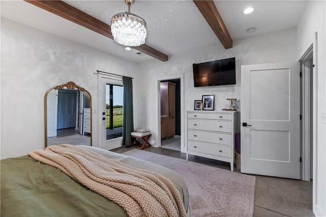 2363 Bainbridge Rd, Bates City, MO 64011 - bedroom featuring beam ceiling, a chandelier, access to outside, and recessed lighting