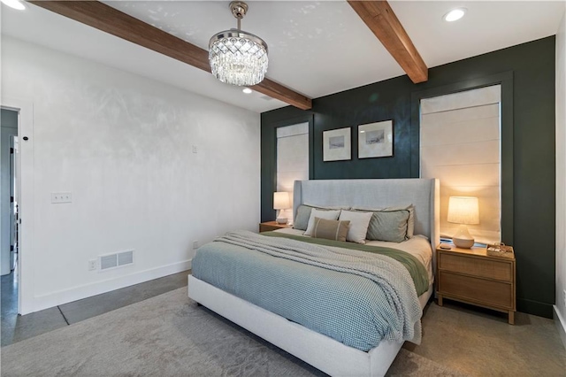 2363 Bainbridge Rd, Bates City, MO 64011 - bedroom featuring beamed ceiling, recessed lighting, baseboards, and a chandelier
