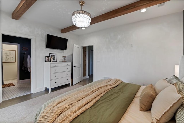 2363 Bainbridge Rd, Bates City, MO 64011 - bedroom with beam ceiling, a chandelier, recessed lighting, baseboards, and a walk in closet
