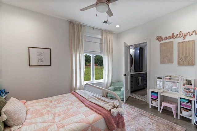 2363 Bainbridge Rd, Bates City, MO 64011 - bedroom featuring finished concrete floors, recessed lighting, ensuite bathroom, and ceiling fan