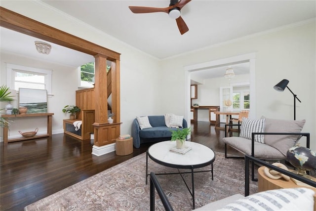 1795 S Norwood Ave, Independence, MO 64052 - living room with wood finished floors, healthy amount of natural light, a ceiling fan, and ornamental molding