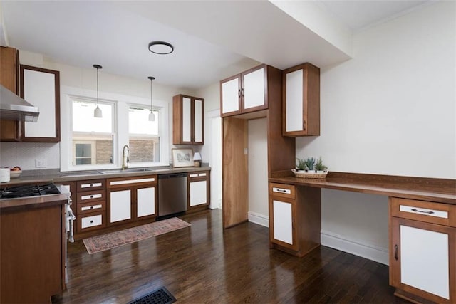 1795 S Norwood Ave, Independence, MO 64052 - kitchen with stainless steel appliances, a sink, dark wood finished floors, pendant lighting, and baseboards
