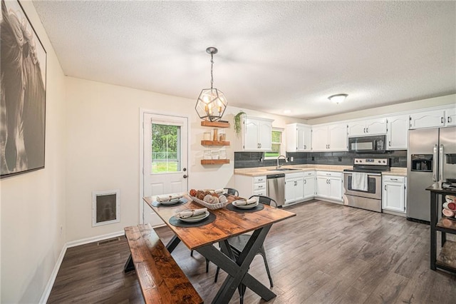 5862 SW Reed Ln, Trimble, MO 64492 - dining room featuring a textured ceiling, dark wood-style floors, a chandelier, and baseboards