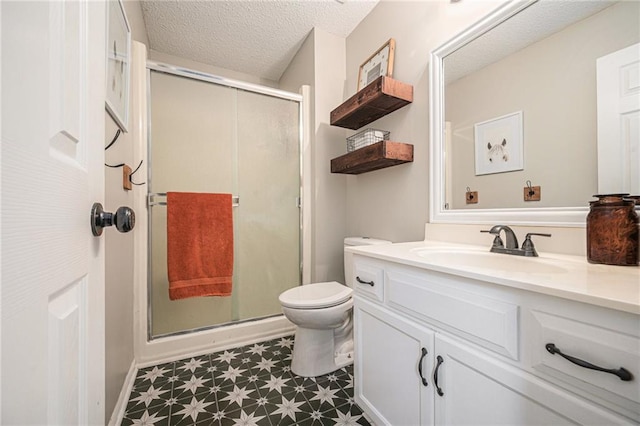 5862 SW Reed Ln, Trimble, MO 64492 - bathroom with tile patterned floors, toilet, a shower stall, vanity, and a textured ceiling