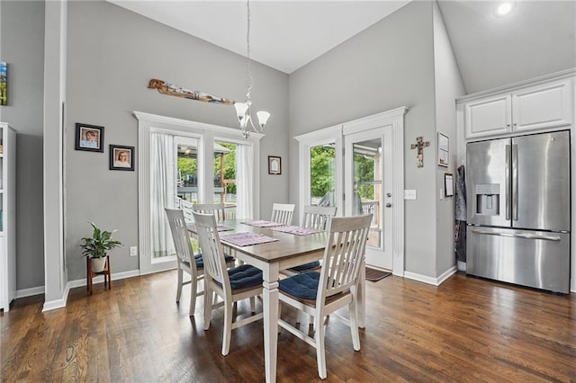 1106 E 14th St, Kearney, MO 64060 - dining space with high vaulted ceiling, baseboards, a chandelier, and dark wood-type flooring