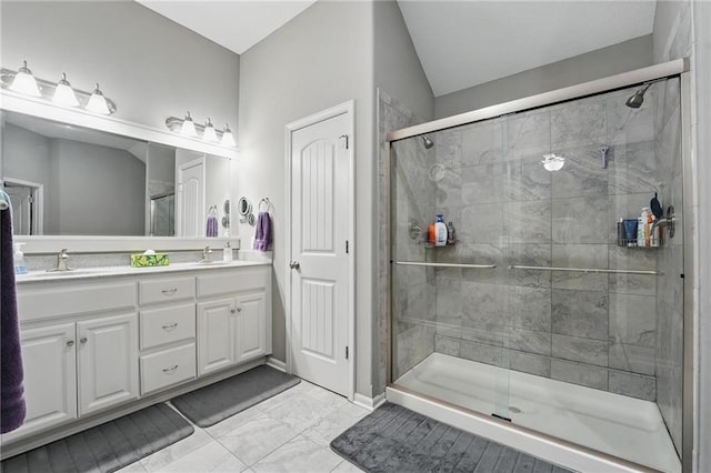 1106 E 14th St, Kearney, MO 64060 - full bathroom featuring double vanity, a stall shower, marble look tile flooring, and baseboards