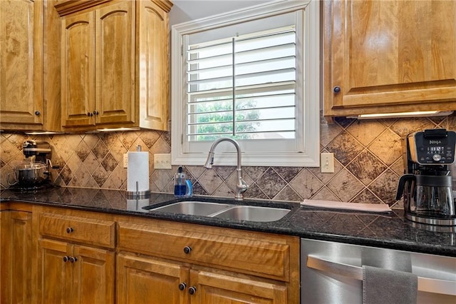 1602 SW Deer Run Rd, Oak Grove, MO 64075 - kitchen with a sink, dishwasher, tasteful backsplash, and brown cabinetry