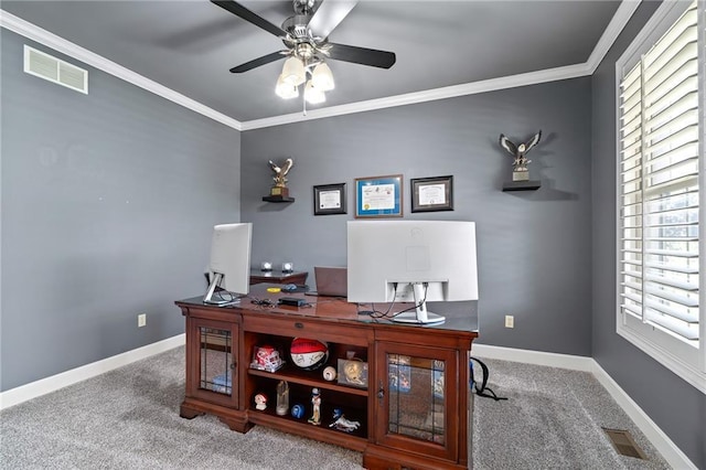 1602 SW Deer Run Rd, Oak Grove, MO 64075 - carpeted home office with a ceiling fan, ornamental molding, and baseboards