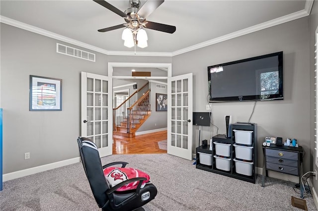 1602 SW Deer Run Rd, Oak Grove, MO 64075 - exercise area with french doors, carpet, ornamental molding, baseboards, and a ceiling fan