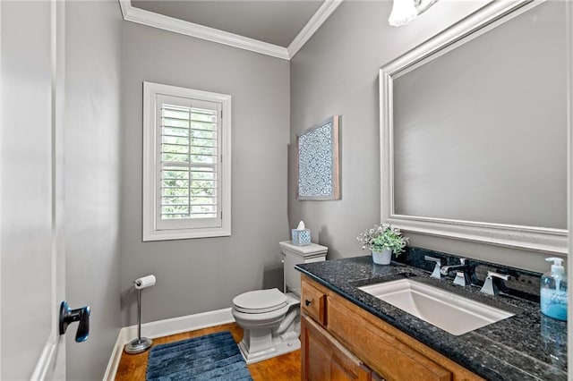1602 SW Deer Run Rd, Oak Grove, MO 64075 - half bath with ornamental molding, toilet, wood finished floors, vanity, and baseboards