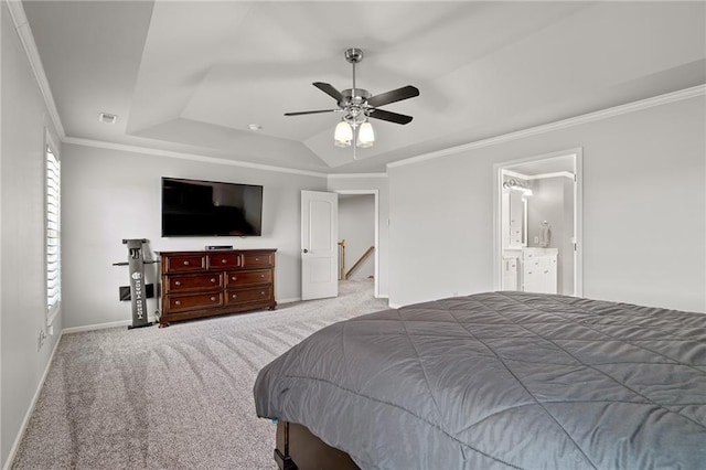 1602 SW Deer Run Rd, Oak Grove, MO 64075 - carpeted bedroom featuring a raised ceiling, baseboards, crown molding, a ceiling fan, and ensuite bath