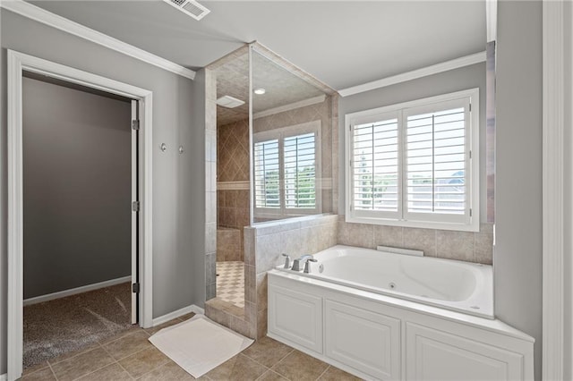 1602 SW Deer Run Rd, Oak Grove, MO 64075 - full bathroom featuring a whirlpool tub, tiled shower, crown molding, tile patterned floors, and baseboards