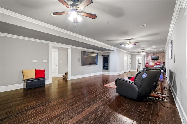 1602 SW Deer Run Rd, Oak Grove, MO 64075 - living room featuring ceiling fan, wood finished floors, baseboards, recessed lighting, and crown molding