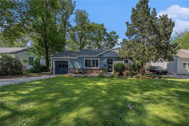 11410 W 68th Ter, Shawnee, KS 66203 - ranch-style home with a garage, brick siding, driveway, and a front lawn