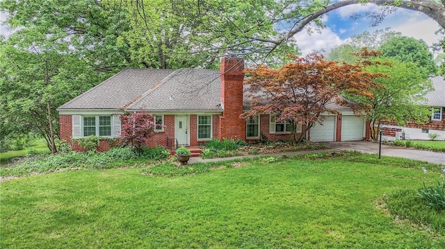 9652 Meadow Ln, Leawood, KS 66206 - view of front facade featuring a chimney, an attached garage, driveway, and a front lawn
