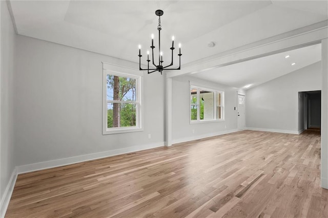 308 N 22nd St, Leavenworth, KS 66048 - unfurnished room with vaulted ceiling, plenty of natural light, light wood finished floors, a chandelier, and baseboards