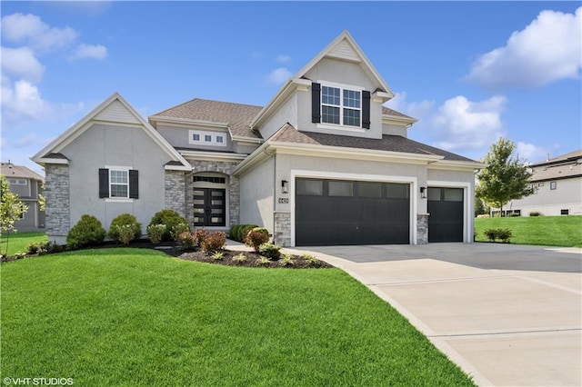 10429 W 170th Pl, Overland Park, KS 66221 - view of front facade featuring stucco siding, stone siding, a front yard, and driveway