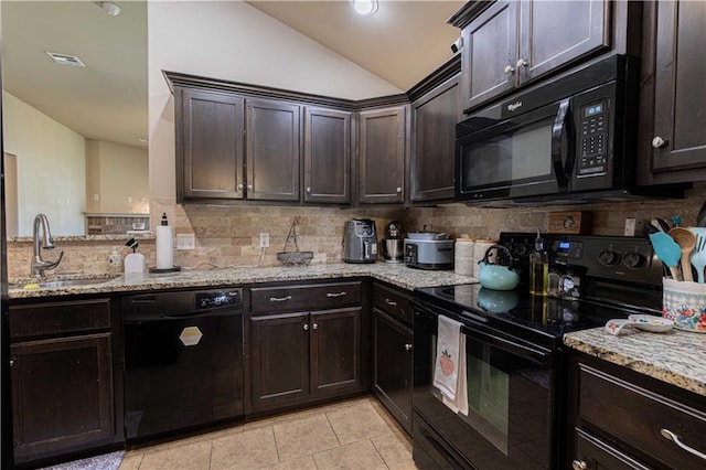 102 Zachary Ln, Carl Junction, MO 64834 - kitchen with black appliances, a sink, tasteful backsplash, lofted ceiling, and dark brown cabinetry