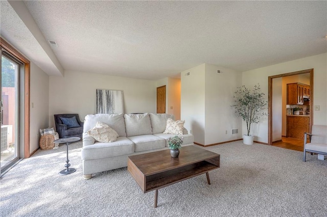 1101 Jeff Cir, Paola, KS 66071 - carpeted living area with a textured ceiling and baseboards