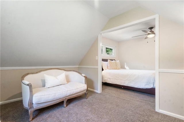 7710 Noland Rd, Lenexa, KS 66216 - bedroom with carpet flooring, lofted ceiling, baseboards, and a ceiling fan