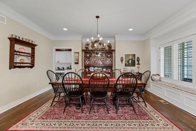 10309 S Oakcrest Ln, Olathe, KS 66061 - dining area with a chandelier, dark wood-type flooring, ornamental molding, baseboards, and recessed lighting
