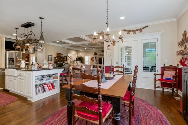10309 S Oakcrest Ln, Olathe, KS 66061 - dining room with a chandelier, dark wood finished floors, coffered ceiling, ornamental molding, and recessed lighting