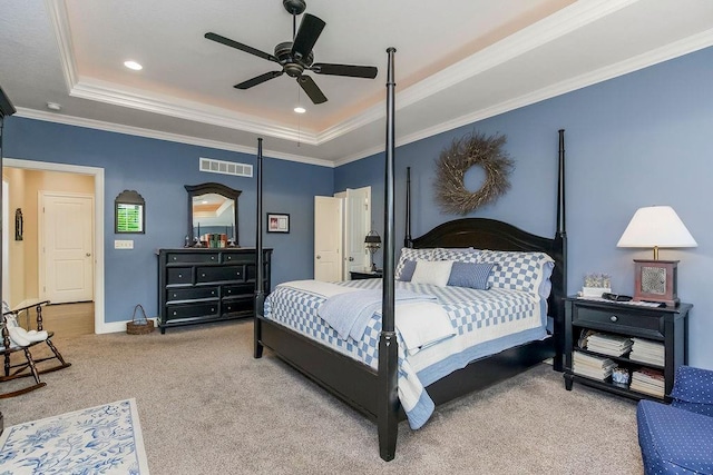10309 S Oakcrest Ln, Olathe, KS 66061 - bedroom with a raised ceiling, carpet floors, crown molding, baseboards, and a ceiling fan