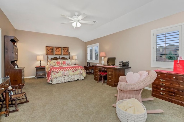 10309 S Oakcrest Ln, Olathe, KS 66061 - bedroom with carpet, baseboards, vaulted ceiling, an office area, and ceiling fan