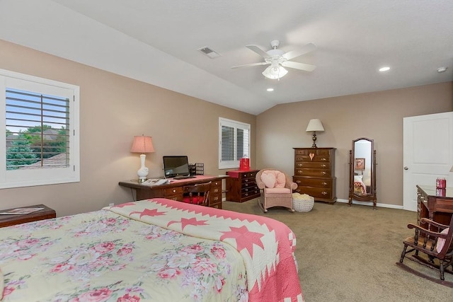 10309 S Oakcrest Ln, Olathe, KS 66061 - carpeted bedroom featuring vaulted ceiling, ceiling fan, and recessed lighting