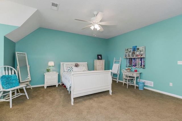 10309 S Oakcrest Ln, Olathe, KS 66061 - bedroom featuring carpet flooring, ceiling fan, baseboards, and vaulted ceiling
