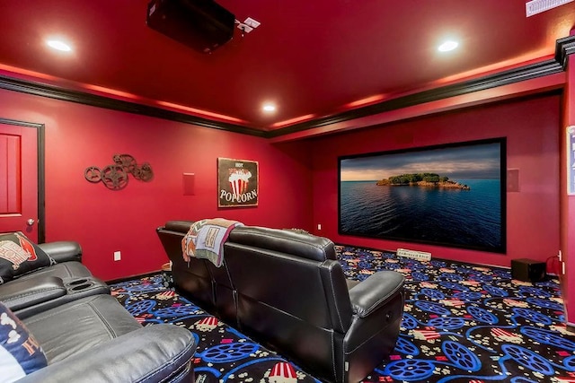 10309 S Oakcrest Ln, Olathe, KS 66061 - carpeted home theater with ornamental molding and recessed lighting