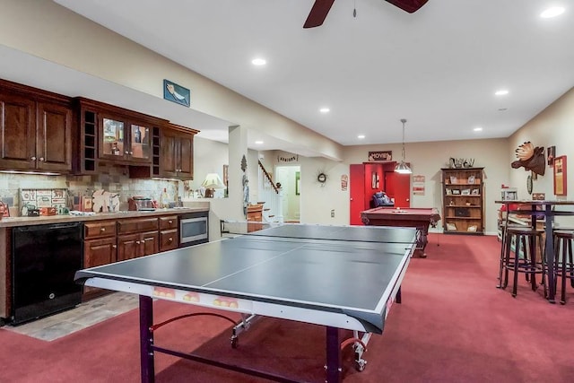 10309 S Oakcrest Ln, Olathe, KS 66061 - playroom with carpet floors, recessed lighting, ceiling fan, and billiards table
