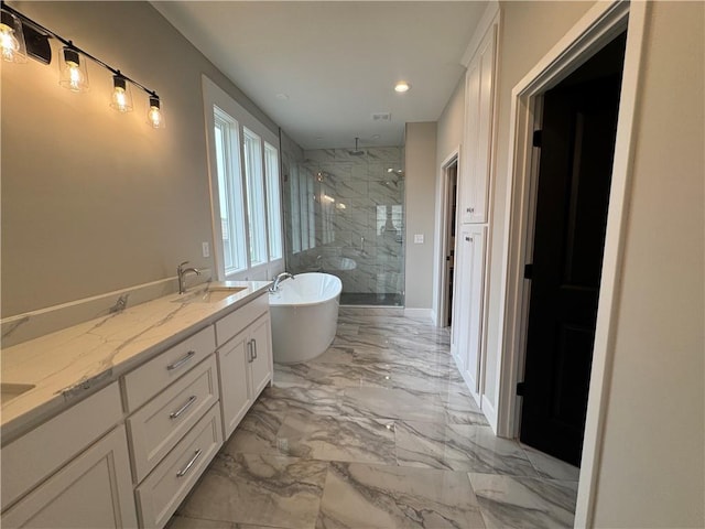 11494 S Longview Rd, Olathe, KS 66061 - bathroom with a marble finish shower, a soaking tub, recessed lighting, marble tiled flooring, and double vanity