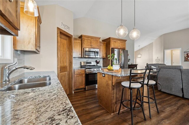 15700 NW 122nd St, Platte City, MO 64079 - kitchen with stainless steel appliances, a sink, brown cabinetry, dark wood-style flooring, and a breakfast bar