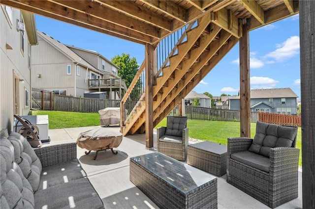 15700 NW 122nd St, Platte City, MO 64079 - view of patio with outdoor lounge area, stairway, and a residential view