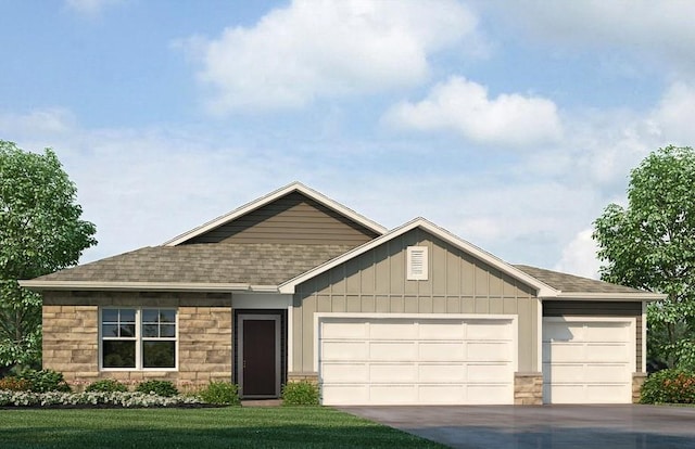 24810 178th Ct, Gardner, KS 66030 - view of front facade featuring a shingled roof, an attached garage, stone siding, driveway, and board and batten siding