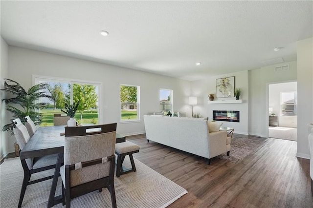 24810 178th Ct, Gardner, KS 66030 - living room with dark wood-style flooring, healthy amount of natural light, a glass covered fireplace, baseboards, and recessed lighting