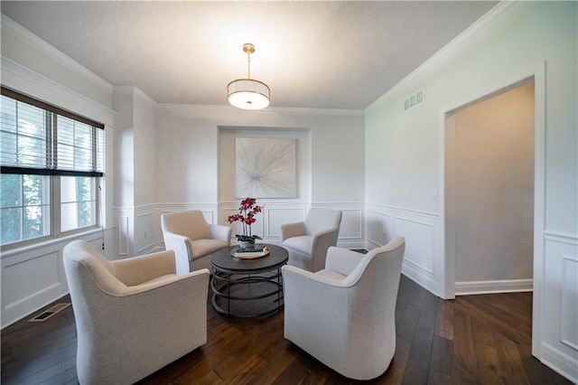 9101 W 158th St, Overland Park, KS 66221 - living area with ornamental molding, wainscoting, dark wood-type flooring, and a decorative wall