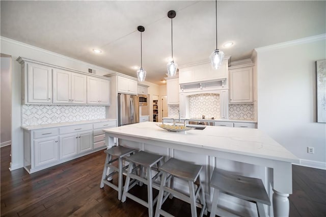 9101 W 158th St, Overland Park, KS 66221 - kitchen featuring stainless steel appliances, ornamental molding, dark wood-type flooring, a breakfast bar area, and backsplash