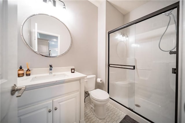 9101 W 158th St, Overland Park, KS 66221 - bathroom with vanity, a stall shower, toilet, and tile patterned floors