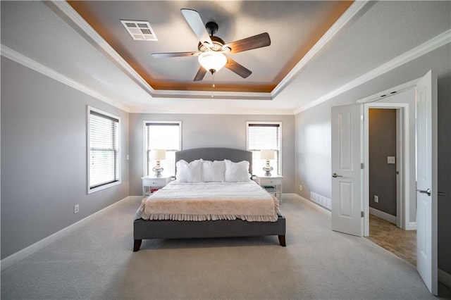 9101 W 158th St, Overland Park, KS 66221 - bedroom featuring a raised ceiling, carpet, ceiling fan, ornamental molding, and baseboards
