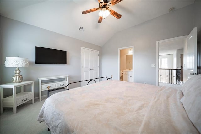 9101 W 158th St, Overland Park, KS 66221 - bedroom with vaulted ceiling, carpet flooring, a closet, ensuite bathroom, and ceiling fan