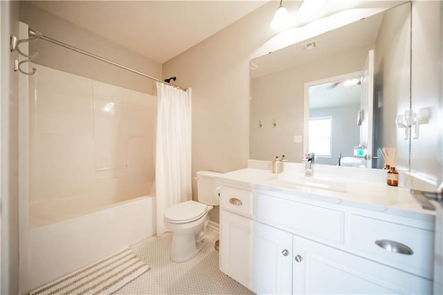 9101 W 158th St, Overland Park, KS 66221 - bathroom featuring toilet, shower / bathtub combination with curtain, vanity, and tile patterned flooring