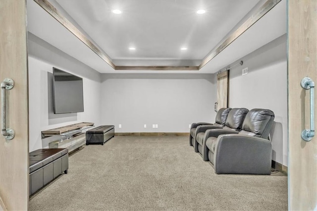 9101 W 158th St, Overland Park, KS 66221 - carpeted home theater with a tray ceiling, baseboards, and recessed lighting
