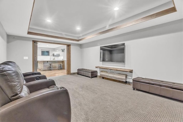 9101 W 158th St, Overland Park, KS 66221 - carpeted living area featuring a tray ceiling and recessed lighting