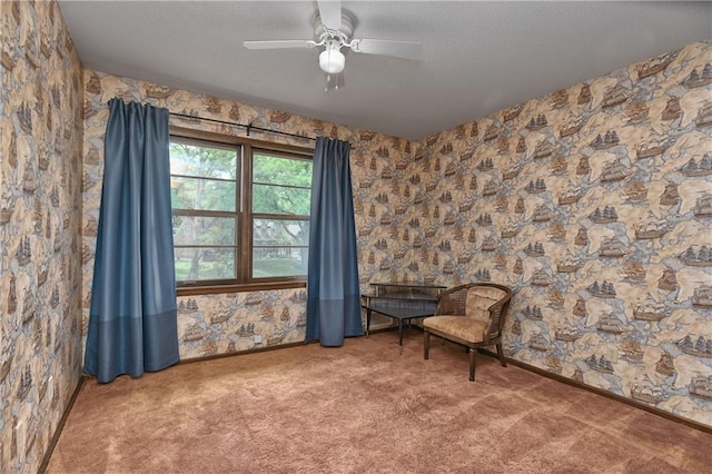 12614 Ensley Ln, Leawood, KS 66209 - sitting room with carpet floors, baseboards, ceiling fan, a textured ceiling, and wallpapered walls