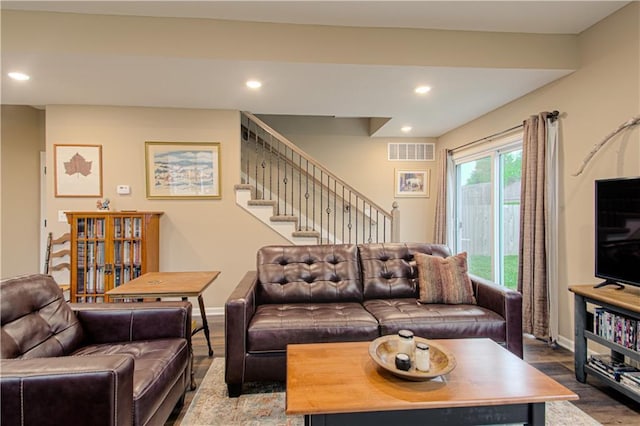 214 N Mcgee St, Tonganoxie, KS 66086 - living room featuring recessed lighting, wood finished floors, baseboards, and stairway