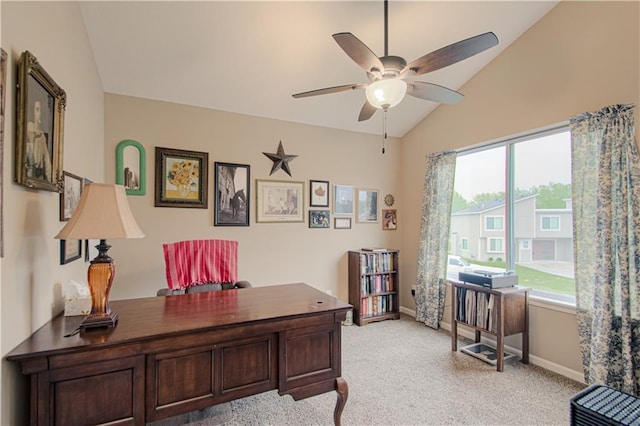 214 N Mcgee St, Tonganoxie, KS 66086 - office featuring vaulted ceiling, ceiling fan, light carpet, and baseboards