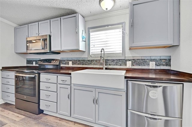 38686 Jingo Rd, Lacygne, KS 66040 - kitchen featuring stainless steel appliances, wood counters, ornamental molding, a textured ceiling, and a sink