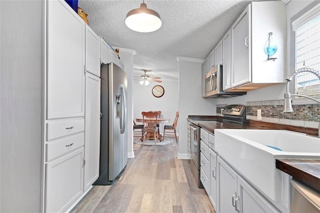 38686 Jingo Rd, Lacygne, KS 66040 - kitchen featuring appliances with stainless steel finishes, ceiling fan, a textured ceiling, light wood finished floors, and white cabinetry
